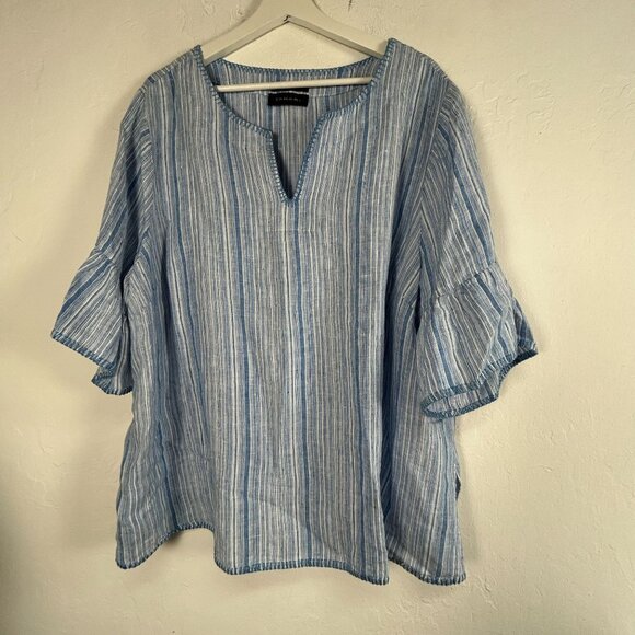 Tahari Womens Blue & White Striped 100% Linen V-Neck Bell Sleeve Blouse Top - Picture 1 of 6